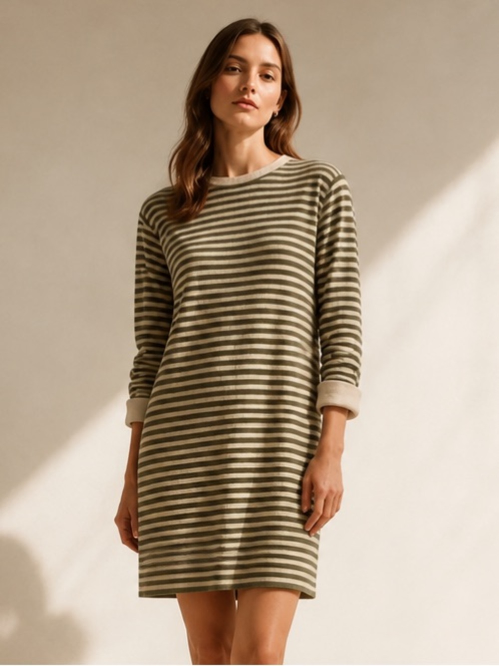 TOPSHOP Dress Tunic Gray Cream Striped Knit Shift Long Sleeve Casual